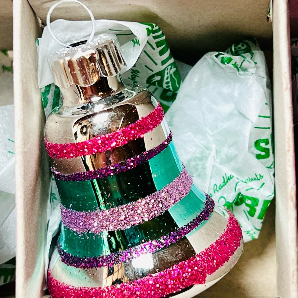 12 Radko Spools Bells Beehives Balls Glass Ornaments Pink Teal Purple Glitter - Picture 11 of 13